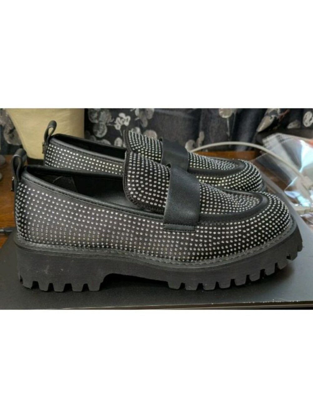 Sz 9 Karl Lagerfeld Paris Grady Slip On Chunky Loafer Black Y2K Rhinestone Bling - Picture 3 of 9